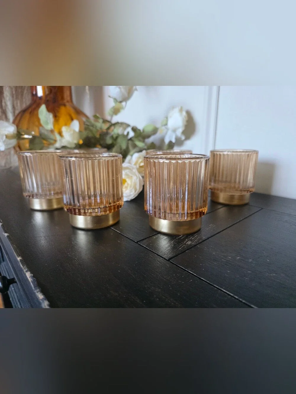 Set Of 6 Ribbed Glass Tealight Candle Holder Gold Metallic Base